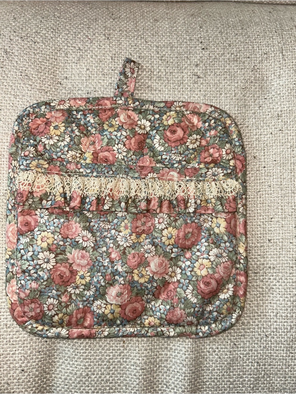 Vintage Floral Lace Quilted potholder- Pink Multi